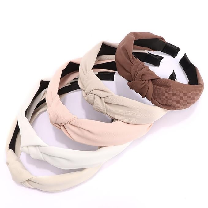 AHONEY 5 Pack Neutral Knotted Headbands for Women Trendy Fashion Thick Headbands Top Knot Non Slip Cute Hair Accessories Multi-style Headband Pack Diademas Para Mujer (Brown)