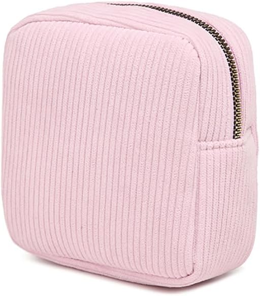 GSHLLO Small Corduroy Makeup Bag Fabric Make Up Pouch Mini Plain Color Cosmetic Bag Pocket Size Toiletry Pouch Sanitary Napkin Storage Bag Portable Versatile Zipper Pouch Pink