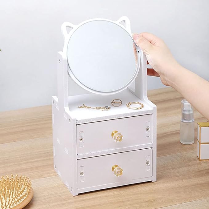 Alunsito Cat Ear Vanity Mirror, Desktop Makeup Mirror with Drawer, Multipurpose Cosmetic Box, Plastic Cosmetic Storage Organizer for Home, Bedroom Supplies, White Country Brush Drawer