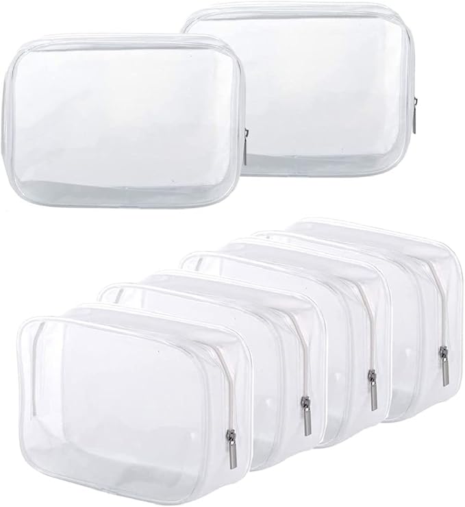 BEFORYOU 6 Pack Clear Toiletry Carry Pouch with Zipper Portable Plastic Waterproof Cosmetic Bag TSA Approved for Vacation Travel Bathroom and Organizing (White, Large)