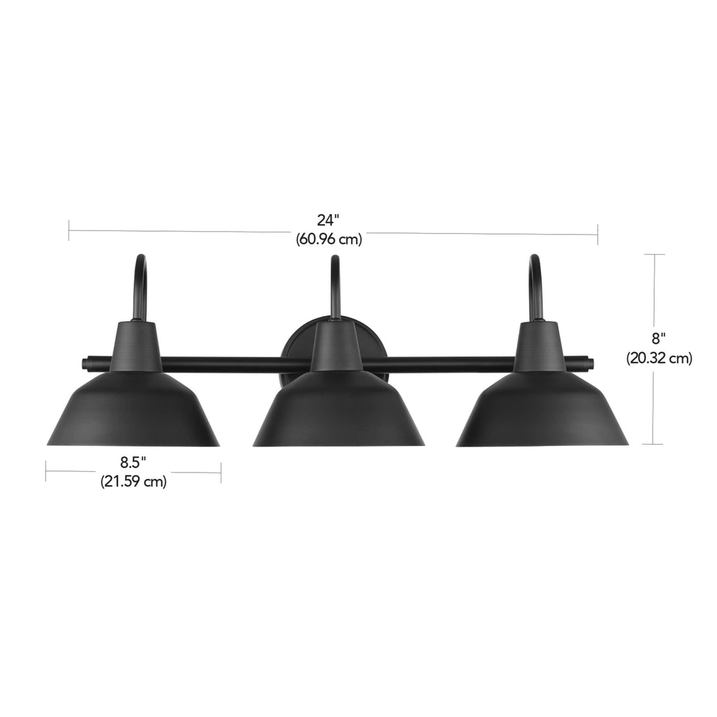 Globe Electric 65554 Barnyard 3-Light Vanity Light, Matte Black, White Interior Shades