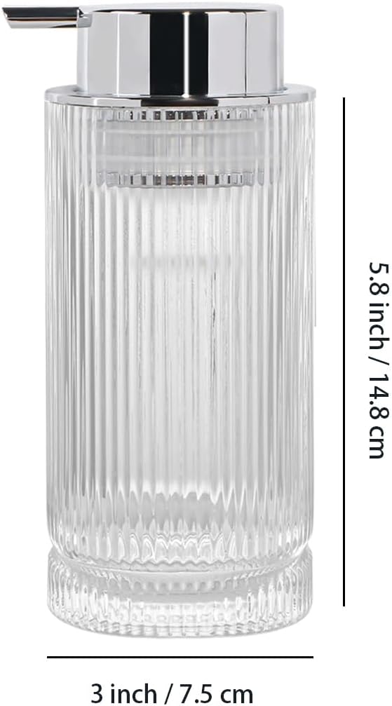 Tonxus 14 Oz Foaming Soap Dispenser, Clear Glass Soap Dispenser, Refillable Foam Pump Bottle Lotion Container with Silver Pump, Decorative Slim Ribbed Bottle for Bathroom and Kitchen Decor