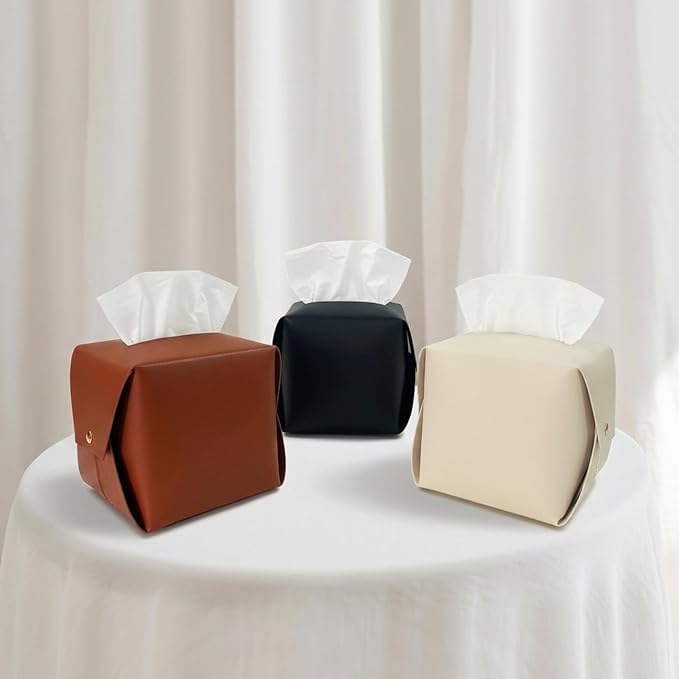 Frayot 3 PackTissue Box Cover Square, Faux Leather Tissue Holder Organizer with Side Snap for Bathroom, Vanity, Tabletop, Office (3Colors)