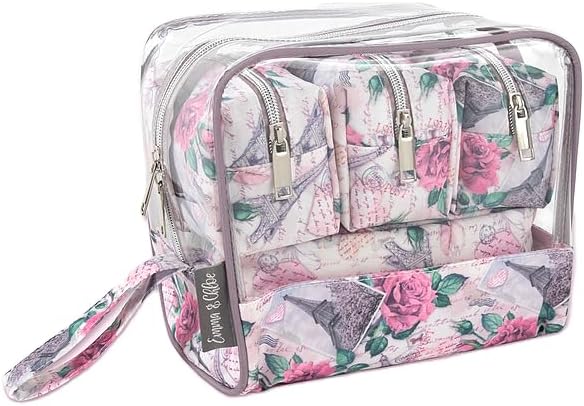 Emma & Chloe Travel Toiletry Bags for Women, 5 Piece Waterproof Cosmetic Case, Bag, Pouch Makeup Organizer Set for Women, Home Counters (Paris Rose Postcards)