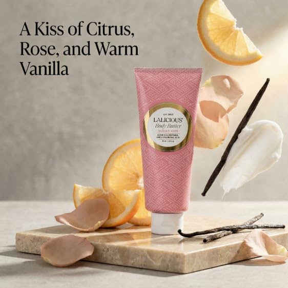 LALICIOUS Sugar Kiss® Whipped Body Butter 8oz | Ultra-Hydrating Shea Butter Body Cream with Hyaluronic Acid, Vitamin C & Peptides | Deep Moisturizing Lotion for Dry Skin | Non-Greasy, Fast-Absorbing
