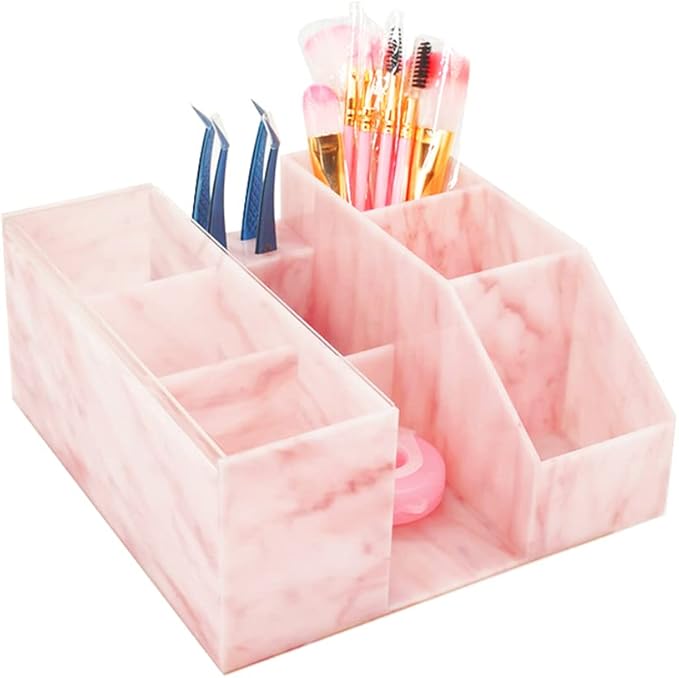 LIXIMMAZN Acrylic Large Capacity Makeup Organizer, Grafting Beauty Extension Supplies Lash Storage Display, Eyelash Storage Case Brush Tweezers Cosmetic Holder (Pink Marble)