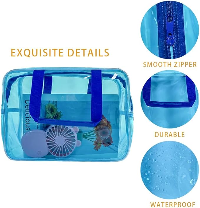 TotePrint PVC Sky Blue Pure Color Transparent Gift Pouch Wash Travel Makeup Cosmetic Bag with Handle for Travel Bathroom Toiletry Organizer (Sky Blue)