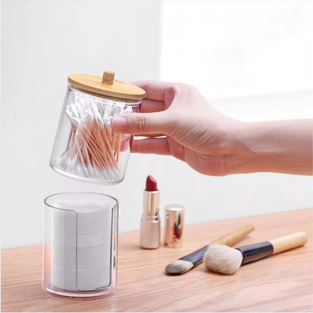 WJASI Qtip Holder Dispenser with Cotton Pads Jar Set Bamboo Lid Stackable Bathroom Counter Acrylic Organizer to Storage Cotton Ball Cotton Swab and Bath Salts