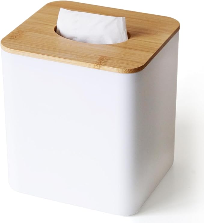 Tissue Box Cover Square, Modern White Facial Tissue Holder with Bamboo Lid