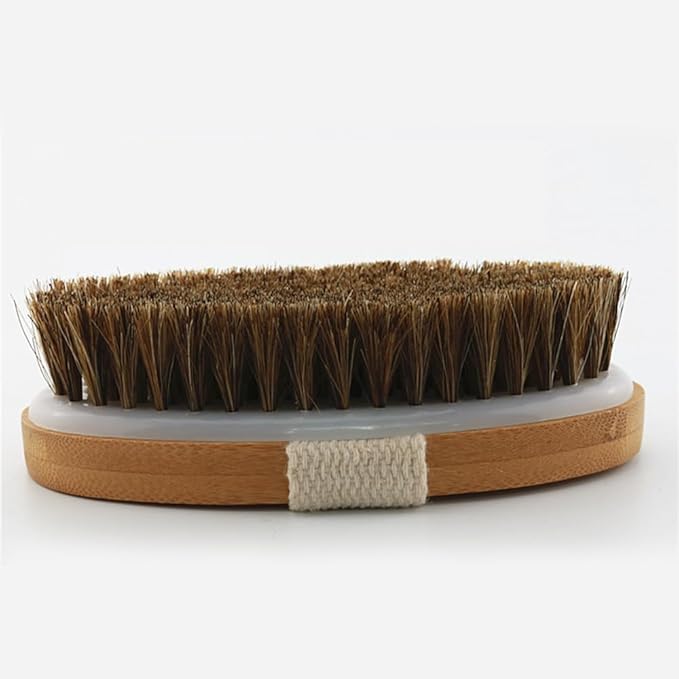 HiKin 5x2.8 Inch Oval Shape Bamboo Bath & Shower Brush, Horsehair Mane Natural Bristles Dry Body Brush Scrubber for Exfoliating, Detox and Cellulite, etc. (Brown Horsehair)