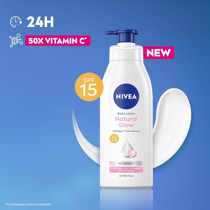Nivea Natural Glow Body Lotion with SPF 15, Vitamin C, Lightweight Moisturizing Lotion for Daily Use, 13.52 Fl Oz (Pack of 1)