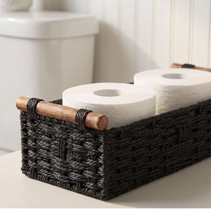Back of Toilet Basket, Black Wicker Toilet Tank Basket for Toilet Paper Storage, Basket for Toilet Tank Top, Narrow Bathroom Organizer for Wipes & Essentials
