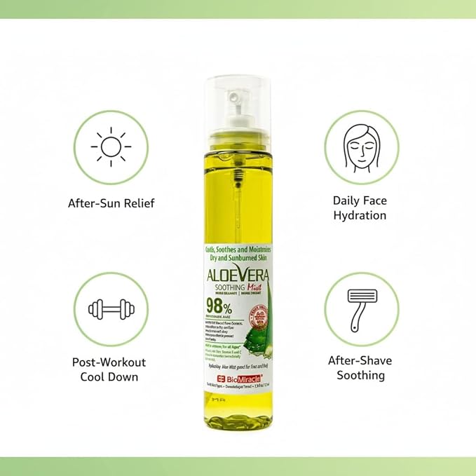 BioMiracle 98% Organic Aloe Vera Mist (3.9 oz) - Cooling Relief for Sunburn, Dry or Irritated Skin, Hydrating Spray with Vitamins C & E, 3-Pack
