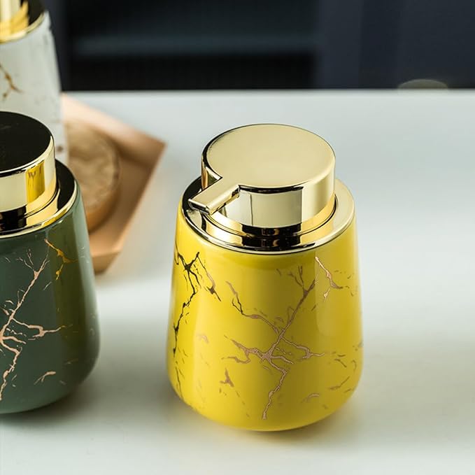 Marble Foam Soap Dispenser for Bathroom, Chic Ceramic Bottle, Gold Soap Dispenser Pump (Yellow)