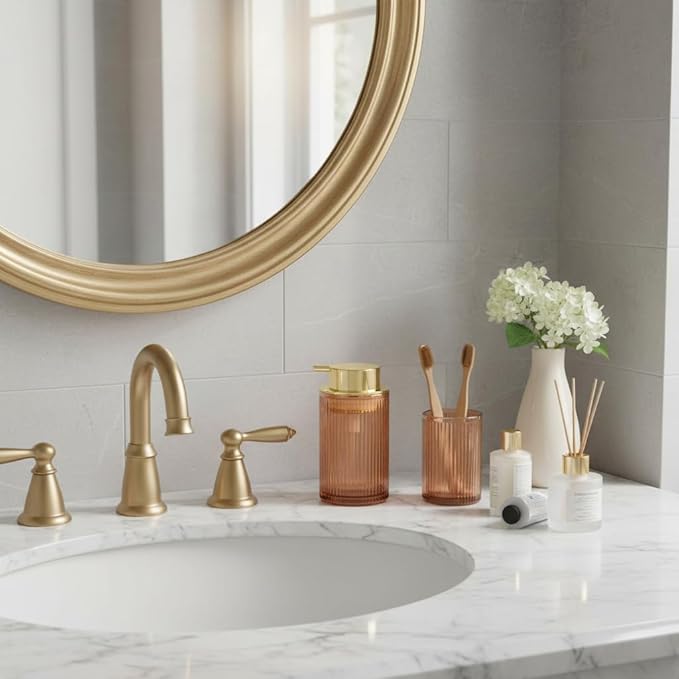Tonxus Foaming Soap Dispenser, 12 Oz Brown Glass Foam Soap Dispenser, Refillable Foam Pump Bottle Container Decorative Slim Ribbed Bottle for Bathroom and Kitchen Countertop
