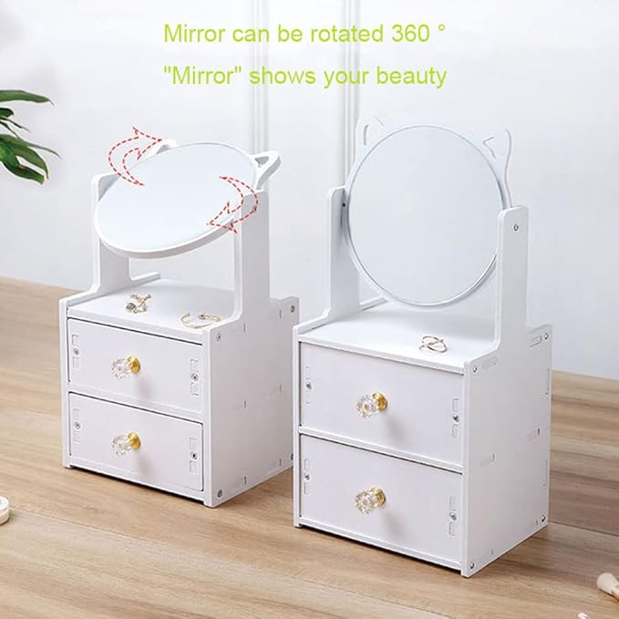 Countertop Vanity Mirror, Desktop Vanity Mirror with Drawer, 360° Rotating Makeup Mirror, Makeup Organizer, Cosmetic Storage Box for Home Office Bedroom Dresser Jewelry, Deer Desktop Mirror Drawer