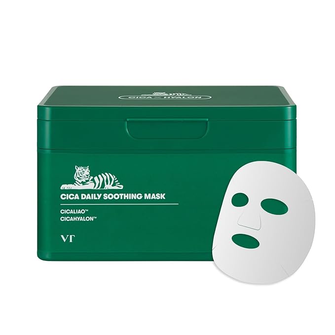 VT COSMETICS CICA Daily Soothing Mask, 30 Sheet Face Masks for Sensitive Skin, Centella Asiatica & Triple Hyaluronic Acid, Hydrating Korean Sheet Mask for Redness, Dryness & Skin Barrier Care
