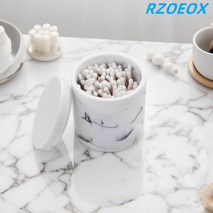 Cotton Swab Holder Round Qtip Holder with Lid, Bathroom White Marble Resin Cotton Ball Canister Jar Cosmetics Makeup Countertop Organizer Containers Canister Apothecary Jar Marblized