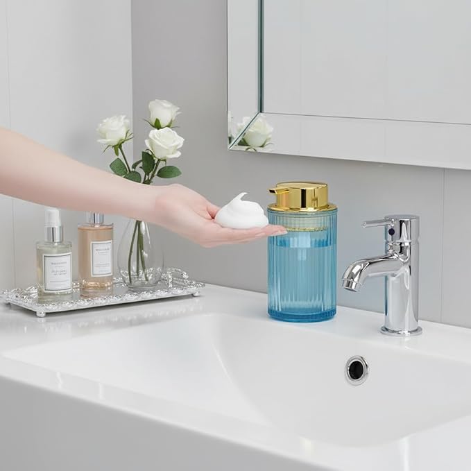 Tonxus Foaming Soap Dispenser, 12 Oz Blue Glass Foam Hand Soap Dispenser, Refillable Lotion Soap Dispenser with Removable Pump for Kitchen Hand Wash Dispenser, Modern Slim Ribbed Bottle for Decor