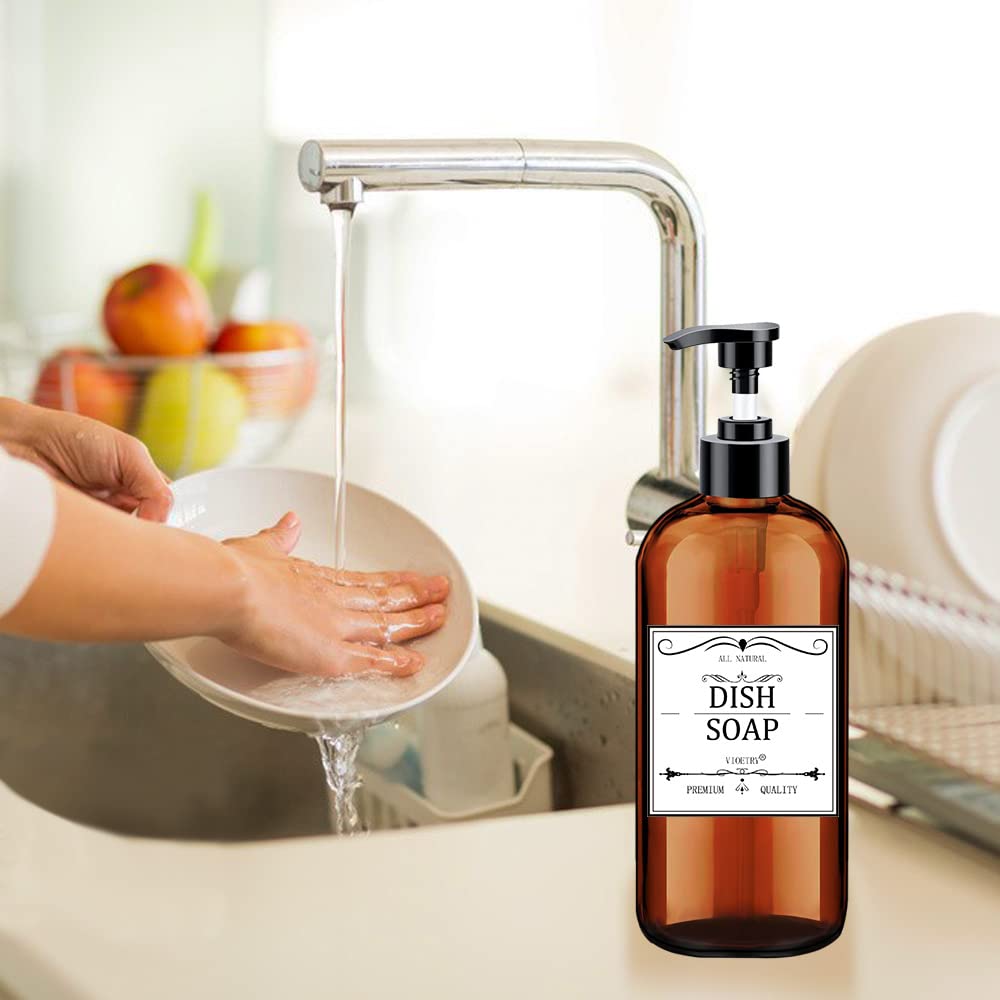 Soap Dispenser with Rust Proof Pump, Waterproof Labels (2 Pack,16 Oz) Bathroom, Plastic Hand Dish Soap Dispenser for Kitchen, Premium Thick Soap Pump Bottles (Amber)