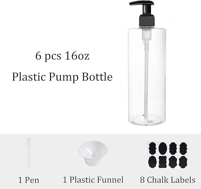 BPFY 6 Pack 16 oz Plastic Pump Dispenser Bottles for Massage Oil, Shampoo, Lotions, Body Wash Pump Bottles, Hand Sanitizer Refillable Containers with Pump, 1 Funnel, 8 Chalk Labels