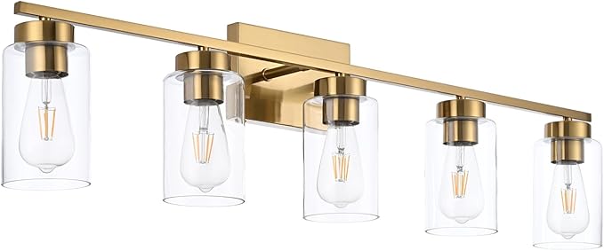 A1A9 5 Light Bathroom Vanity Light Fixtures, Brushed Brass Modern Wall Lights with Clear Glass Shade, Vintage Wall Sconce Lighting for Living Room, Mirror, Bedroom, Hallway (Gold, 5-Lights)