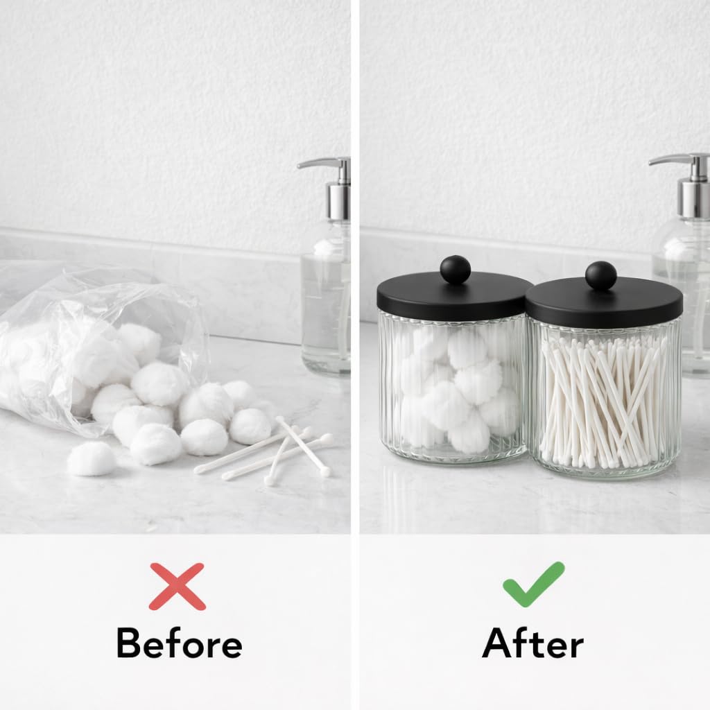 KMwares 2-Pack Glass Qtip Holder Dispenser Set - Bathroom Canister Storage Organizer for Cotton Balls, Swabs, Floss Picks, and Makeup Sponges with Matte Black Metal Lid - Clear Vanity Apothecary Jars