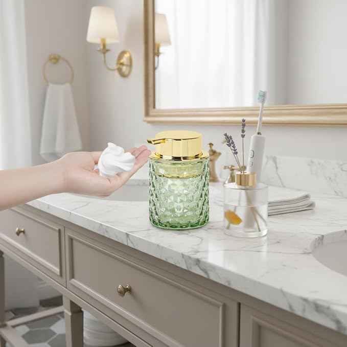 Fvstar 10 Oz Glass Hand Soap Dispenser with Pump, Refillable Bathroom Gold Foaming Soap Dispenser, Vintage Glass Diamond Lotion Container Bottle for Bathroom and Kitchen (1, Green and Gold)