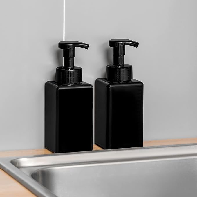 UUJOLY Foaming Soap Dispenser, 15oz Refillable Pump Bottle Plastic for Liquid Soap, Shampoo, Body Wash, 4 Pcs, Black