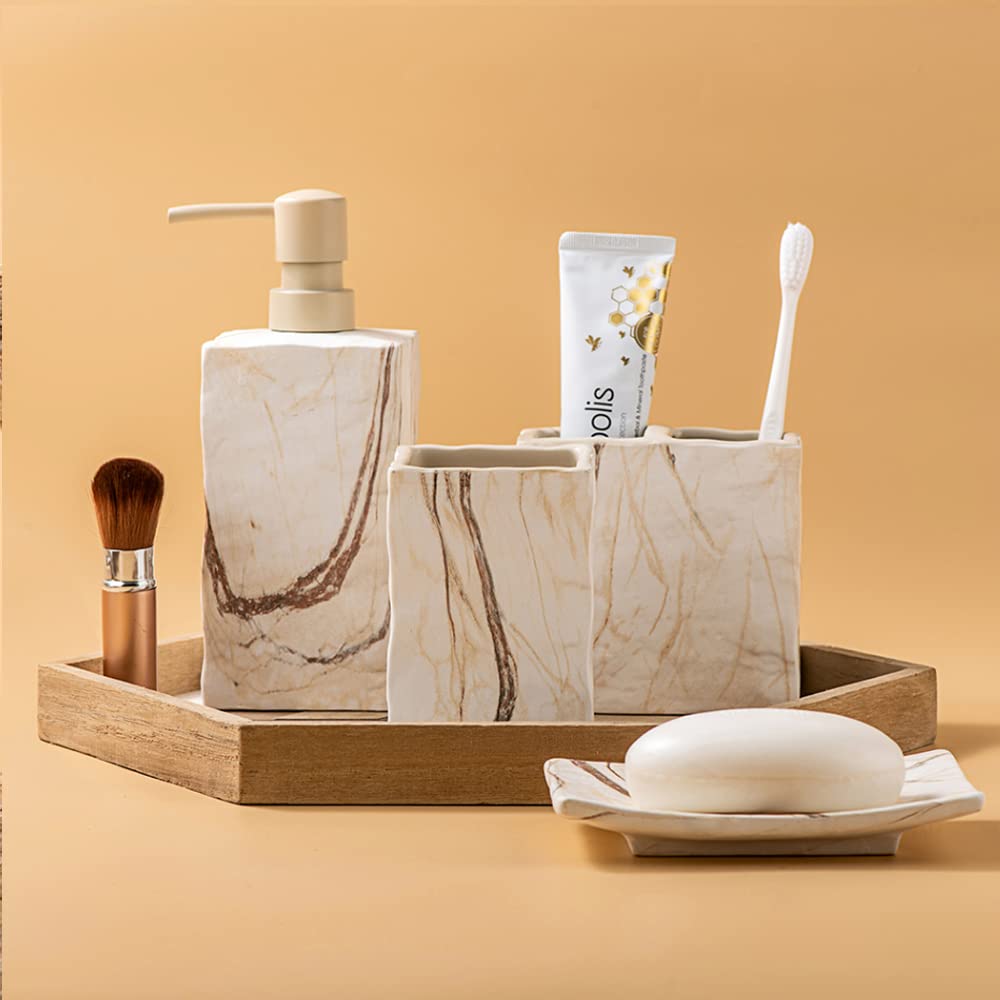 RQYIXI Bathroom Accessories Set 4 Pieces Toothbrush Holder Soap Dispenser Ceramic Bathroom Decor Set Contain Toothbrush Cup Soap Dish Tumbler Marble Brown