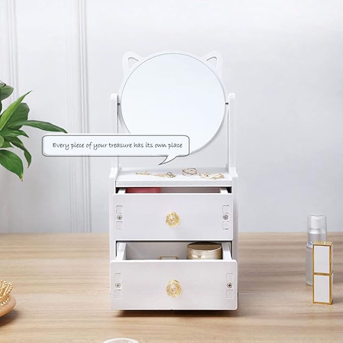 Alunsito Makeup Organizer with Cabinet and Lipstick Shelf Box, Cat Ear Mirror, Cosmetics Storage Box, Dormitory Desktop Dresser, Jewelry Organizer