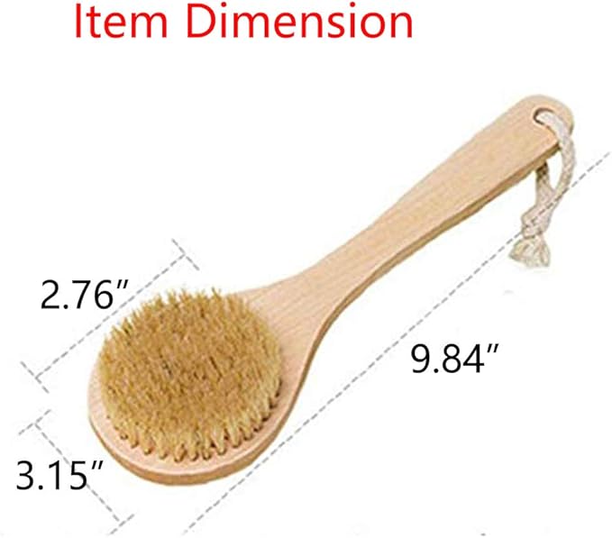 HiKin Dry Bath Body Brush Back Scrubber 9.84", Short Handle Natural Bristles Bath & Shower Brush with Anti-Slip Wooden Handle, Perfect for Exfoliating/Blood Circulation/Detox and Cellulite, etc.