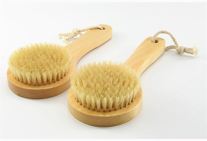 HiKin Wooden Short Handle Dry Body Brush Scrubber, 7.87 Inch Natural Bristles Bath & Shower Brush Scrubber.