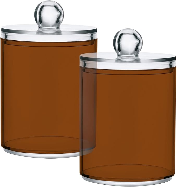 Saddle Brown Qtip Holder Organizer Dispenser Cotton Swabs Cans Plastic Jars with Lid Set 2 Pack Bathroom Storage Canister for Cotton Ball Floss Cotton Pads