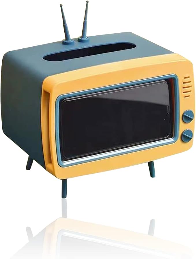 Fun Cute TV Tissue Box Holder,Multi Functional Square Tissue Box Cell Phone Holder for All Smartphone Toilet Paper Napkin Box Desktop Decoration for Room Bathroom Kitchen Dining (Blue)