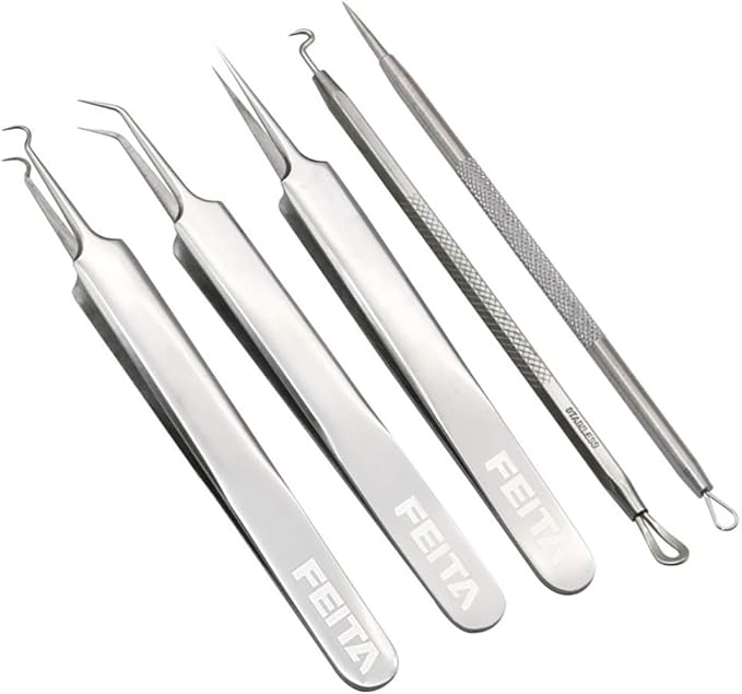 Blackhead Remover Kit - FEITA Blackhead Tweezers Removal Tool Kit Set - Acne Tweezers Pimple Comedone Extractor with Travel Case (5 Pcs)