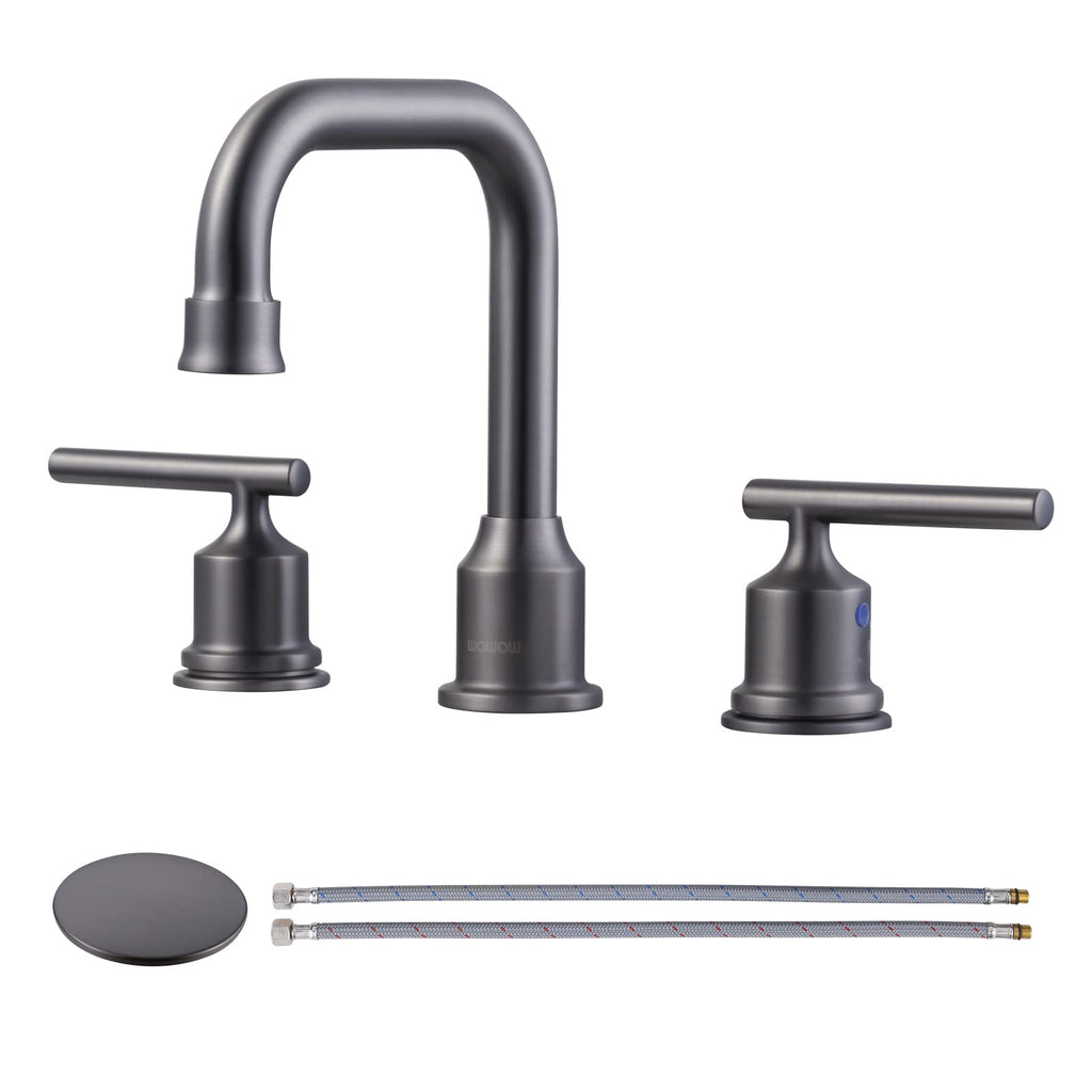 WOWOW Dark Grey Bathroom Faucet 3 Hole, Widespread Vanity Sink Faucets