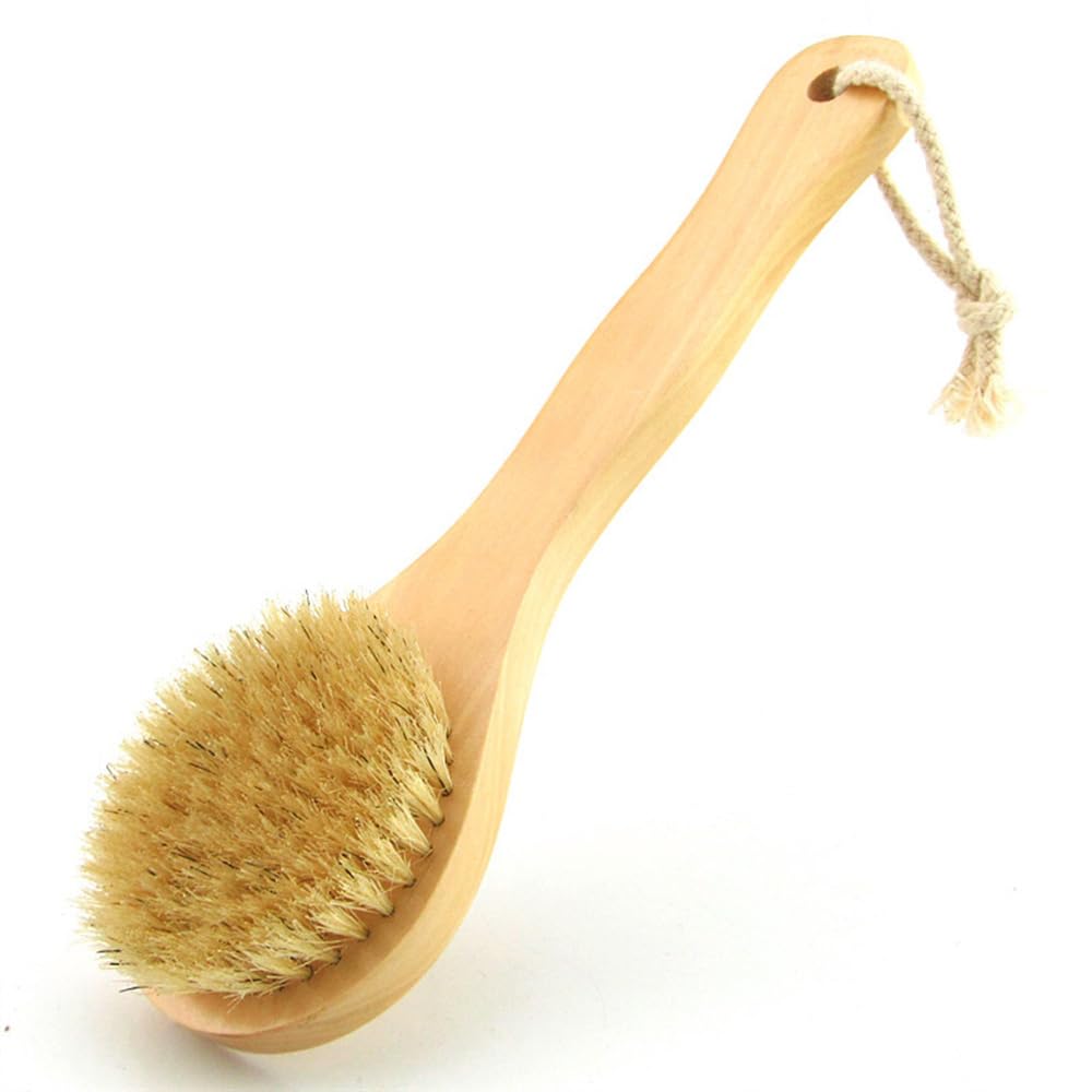 HiKin 11.8“ Long Handle Dry Bath Body Brush Back Scrubber, Wooden Handle Shower Brush with Natural Boar Bristles, Good for Exfoliating, Cellulite, Detox, Blood Circulation, etc.