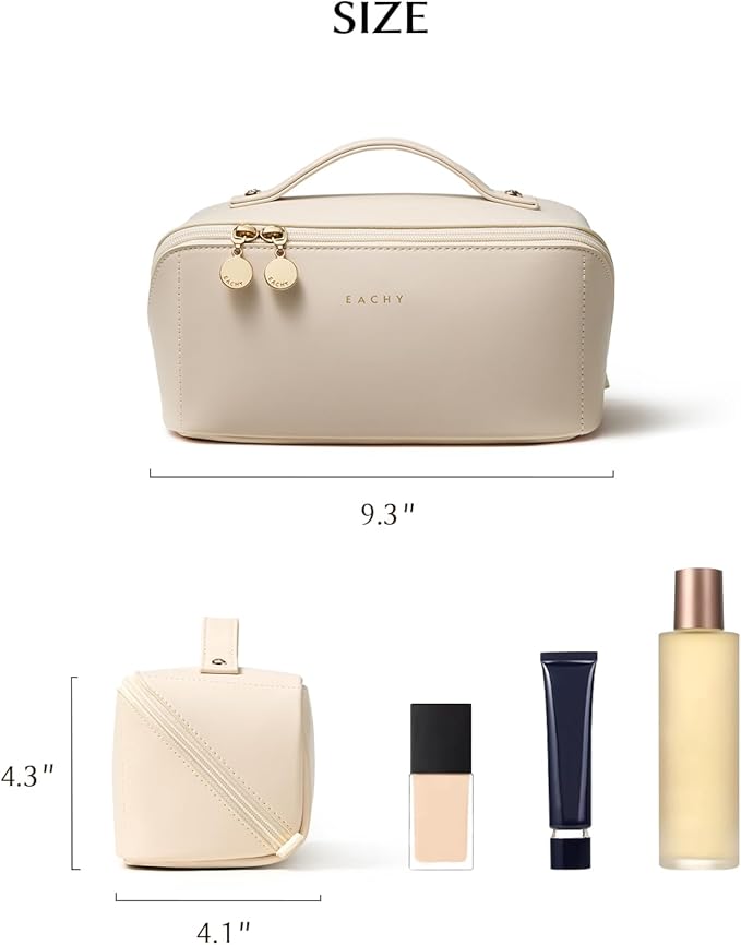 EACHY Travel Makeup Bag, 2.0 Cosmetic Bag for Women, Waterproof PU Leather,Flat Open Portable Toiletry Bag for Skincare, Brushes & Travel Essentials