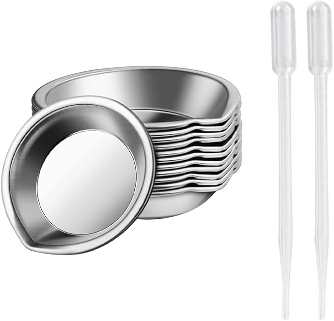 ccHuDE 12 Pcs Stainless Steel Paint Trays Small Round Metal Palette Makeup Cosmetic Mixing Palette with 2 Pcs Plastic Pipettes for Artist Watercolors