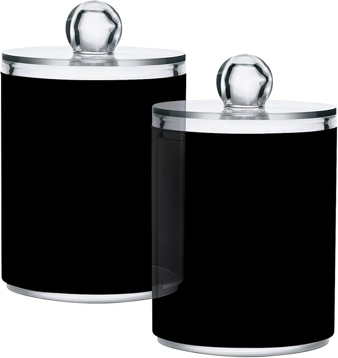 Black Qtip Holder Organizer Dispenser Cotton Swabs Cans Plastic Jars with Lid Set 4 Pack Bathroom Storage Canister for Cotton Ball Floss Cotton Pads