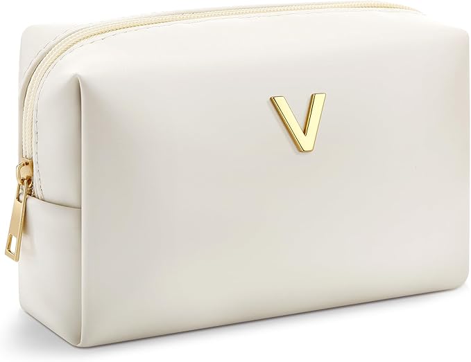Kigeli Gifts for Women Teen Girls Gifts for Bridesmaid Mom Teachers Graduation Birthday Wedding Personalized Initial Makeup Bag Beige PU Leather Monogram Cosmetic Waterproof Travel Toiletry Bag(V)