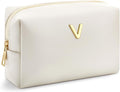Kigeli Gifts for Women Teen Girls Gifts for Bridesmaid Mom Teachers Graduation Birthday Wedding Personalized Initial Makeup Bag Beige PU Leather Monogram Cosmetic Waterproof Travel Toiletry Bag(V)