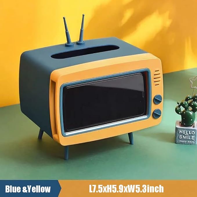 Fun Cute TV Tissue Box Holder,Multi Functional Square Tissue Box Cell Phone Holder for All Smartphone Toilet Paper Napkin Box Desktop Decoration for Room Bathroom Kitchen Dining (Blue)