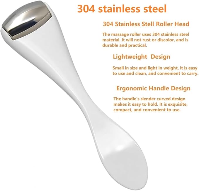 Mini Eye Face Rollers Massager 304 Stainless Steel Ice Silicone Roller for Relief Pain Skincare Facial Women Girl Gift (White Color)