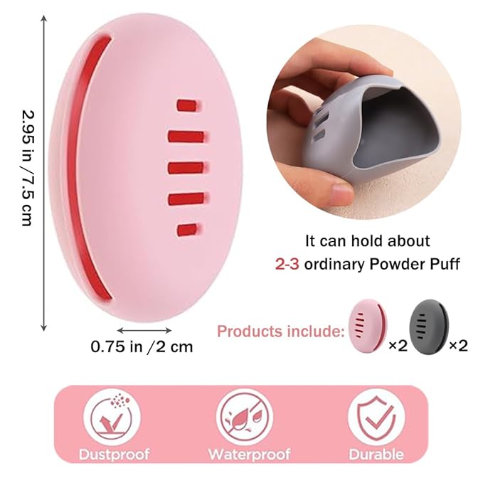 Ouliget Portable Powder Puff Case,Breathable Round Makeup Puff Protective Container,Silicone Make-up Storage Box Travel Quick Drying Easy to Carry,4 Pieces,Pink+Grey