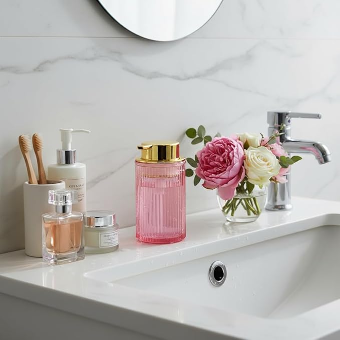 Tonxus Foaming Soap Dispenser, 12 Oz Pink Glass Foam Hand Soap Dispenser, Refillable Glass Foam Pump Bottle Container Decorative Slim Ribbed Bottle for Bathroom and Kitchen