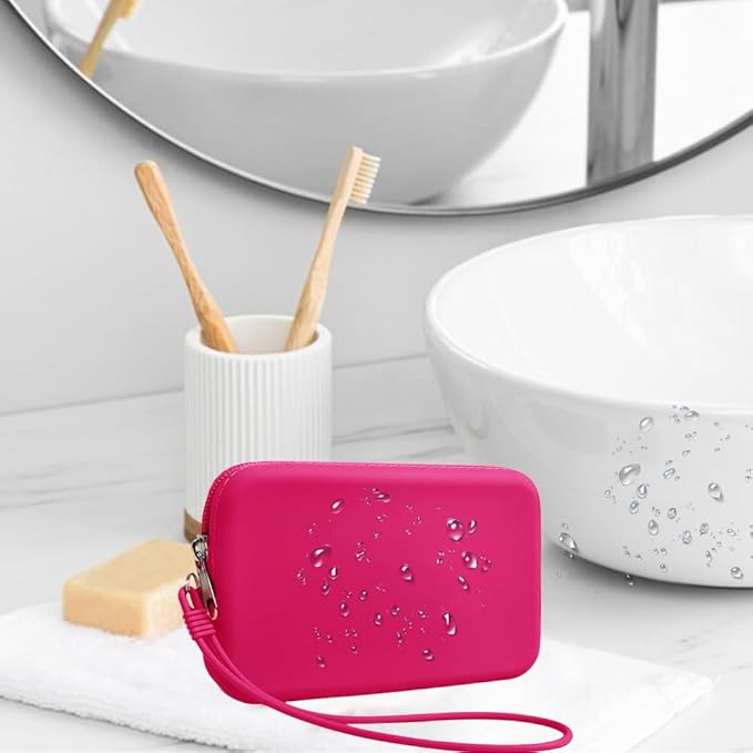 FFpaw Silicone Small Makeup Bag Pouch for Purse, Travel Toiletry Bag Cute Portable Cosmetic Bag Waterproof Makeup Storage Bag Mini Zipper Makeup Organizer (Small Rose)