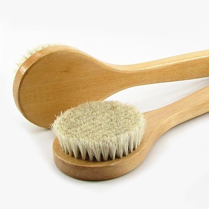 HiKin 11.8 Inch Long Wooden Handle Dry Body Brush Back Scrubber, Bath Shower Brush Scrubber with Soft Horsehair Mane Natural Bristles, Good for Cellulite, Detox, Exfoliating, Blood Circulation,etc.