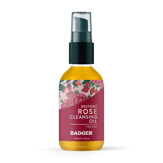 Badger Rose Face Cleansing Oil, Organic Facial Oil Cleanser & Makeup Remover, Oil Cleansing Method, Non-Greasy Moisturizing Skin Balancing Gentle Face Cleanser w/Pure Rose Oil, 2 fl oz Glass Bottle